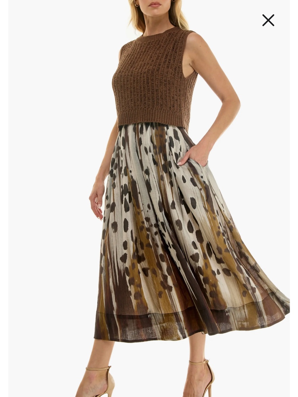 Socialite Brown Multi Animal-Print Pleated Midi Dress
